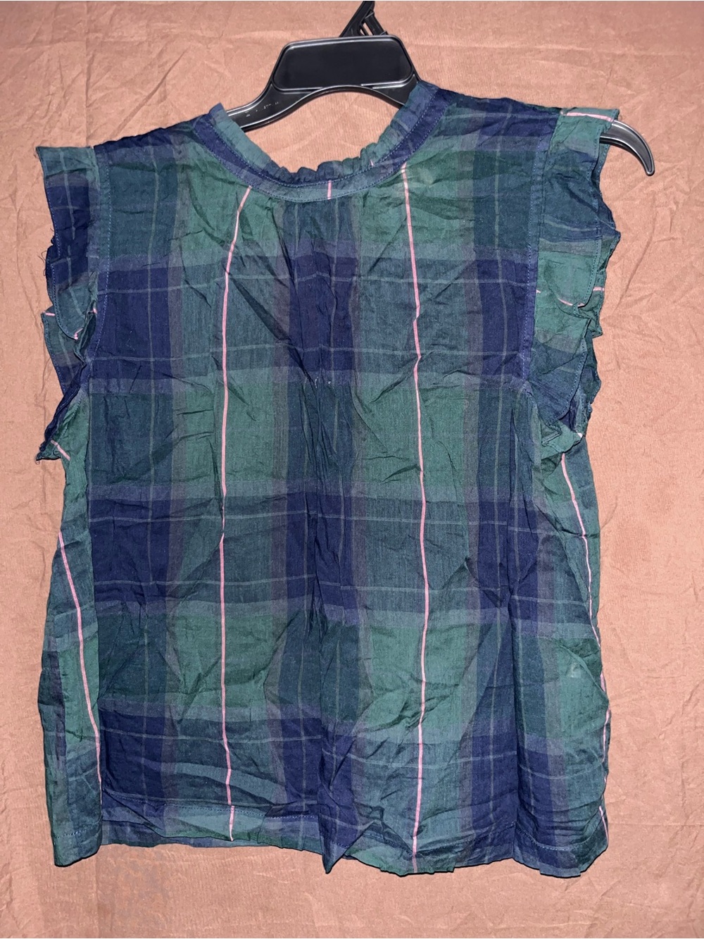 Green & Navy Plaid Ruffle Sleeve Blouse